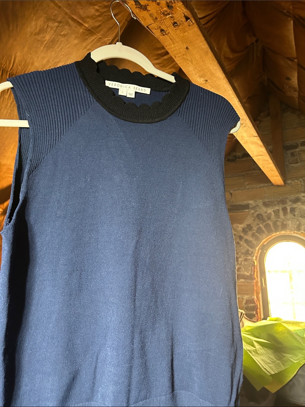 Veronica Beard Navy Crewneck Sleeveless Sweater with Black Trim